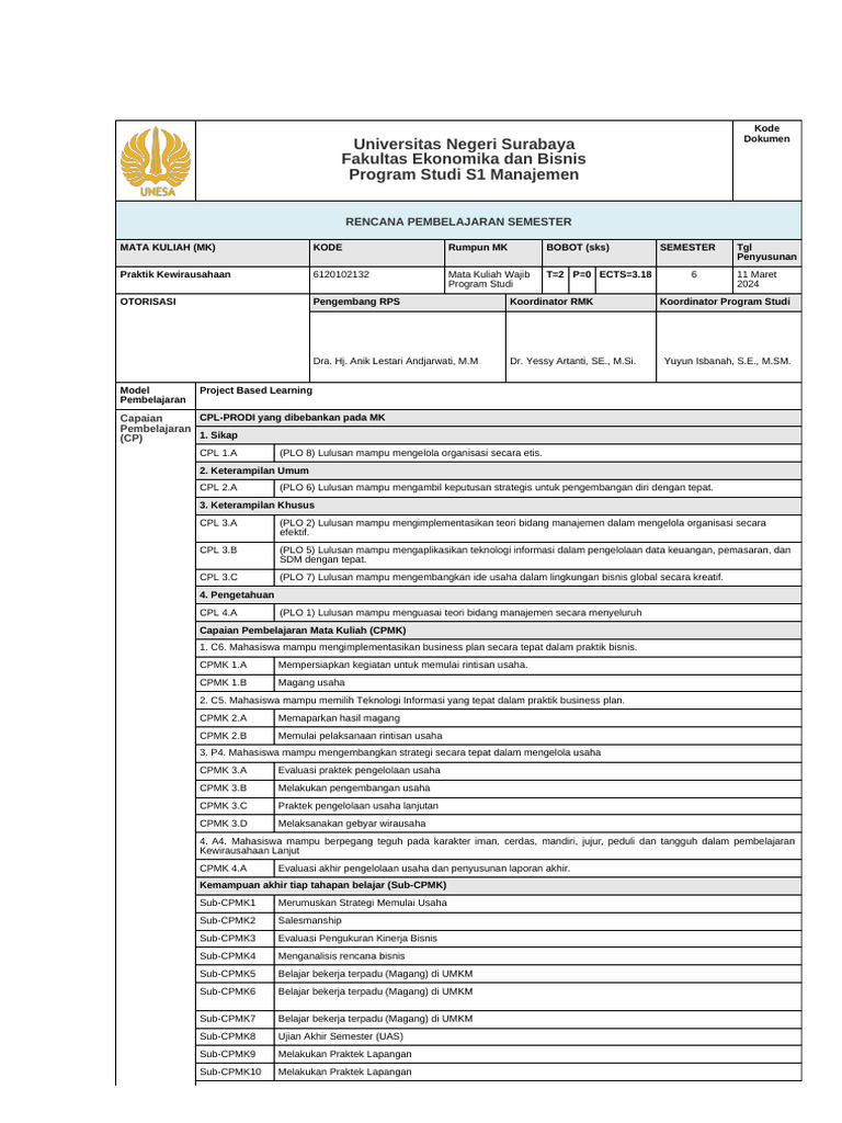 RPS Praktik Kewirausahaan | PDF | Bisnis