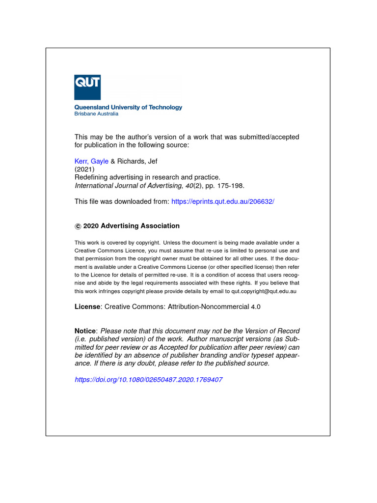 Accepted Manuscript Kerr G Accepted IJA Definition of Advertising | PDF