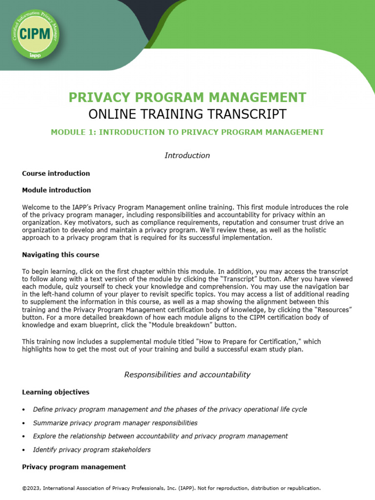 1.CIPM Onl Mod1Transcript | PDF | Information Security | Privacy