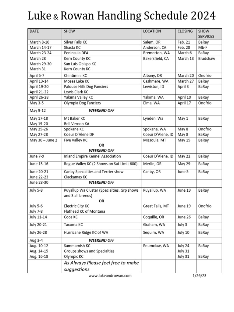 Luke & Rowan 2024 Dog Show Schedule | PDF | Travel