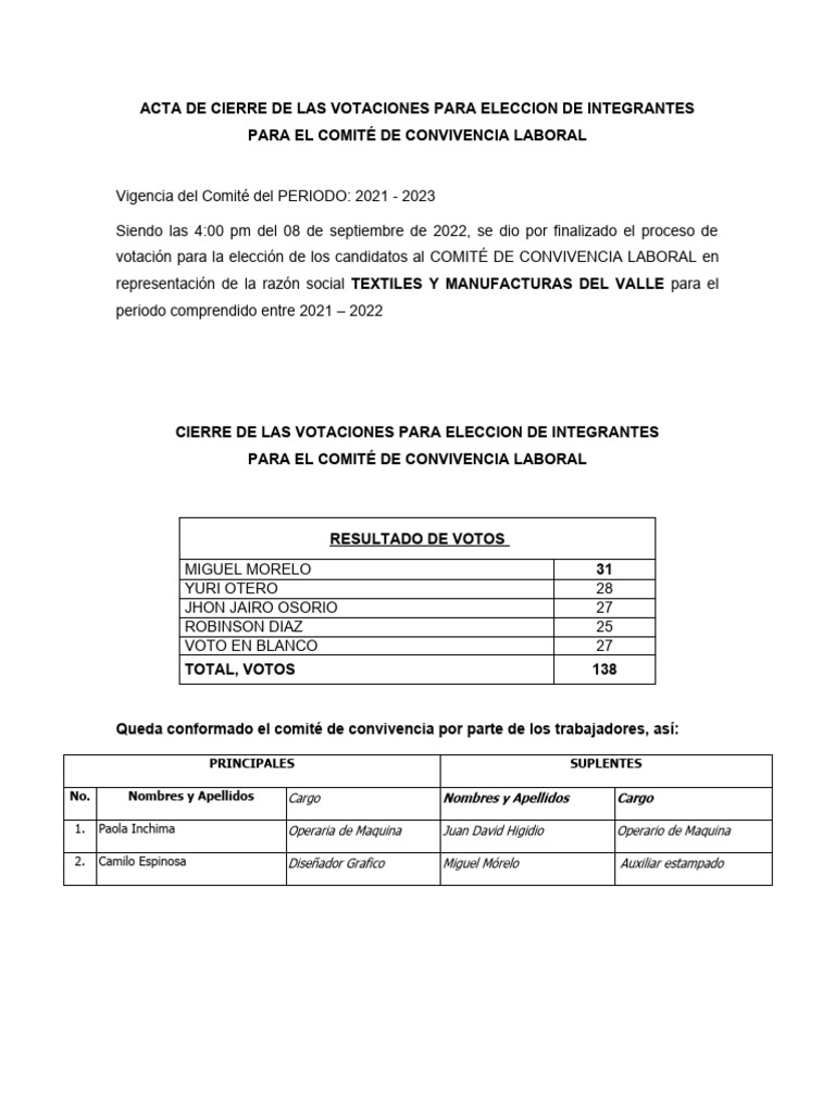 Acta de Cierre de Votaciones Comité 2021-2023 | PDF