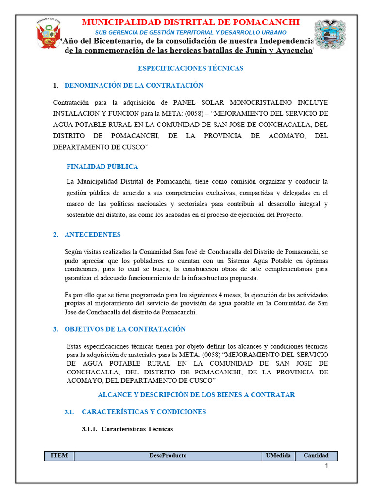 TDR Adquisición de Panel Solar Conchacalla 2024 | PDF | Panel solar ...