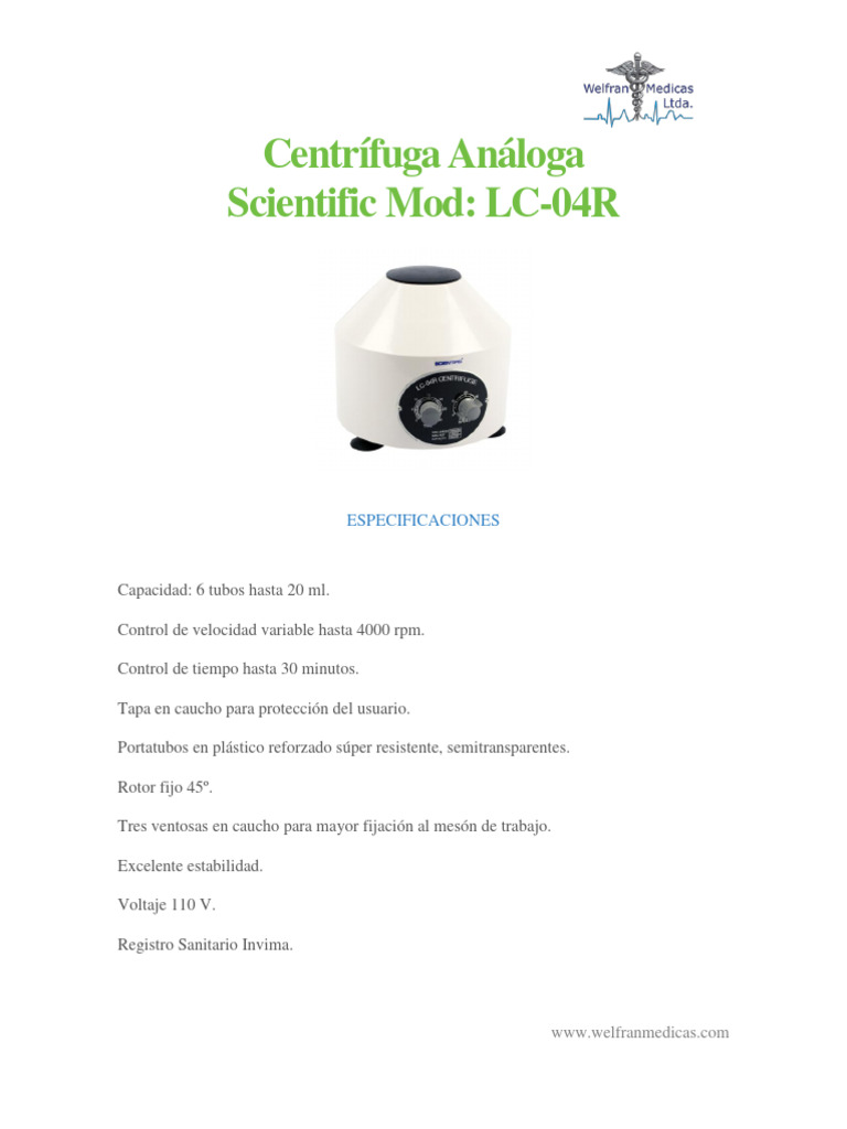 Centrífuga Análoga LC-04R Especificaciones | PDF | Salud y bienestar