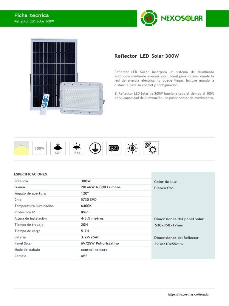 Reflector LED Solar 300W Nexosolar | PDF