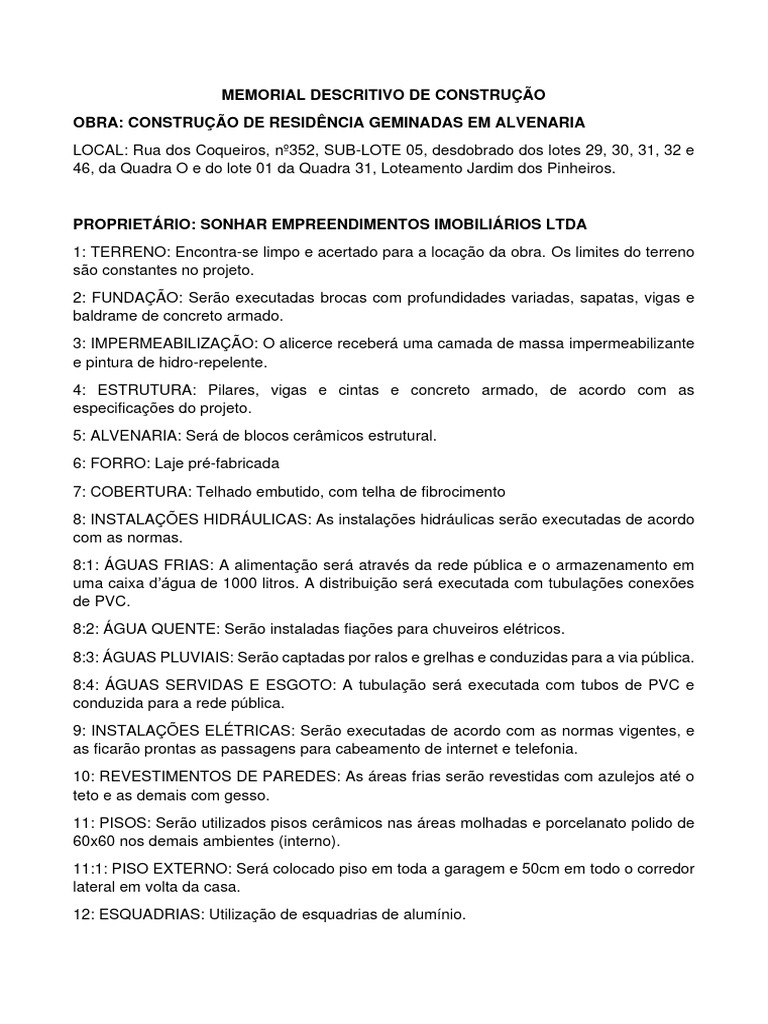 Memorial Descritivo: Residência Geminada | PDF | Engenharia Civil ...
