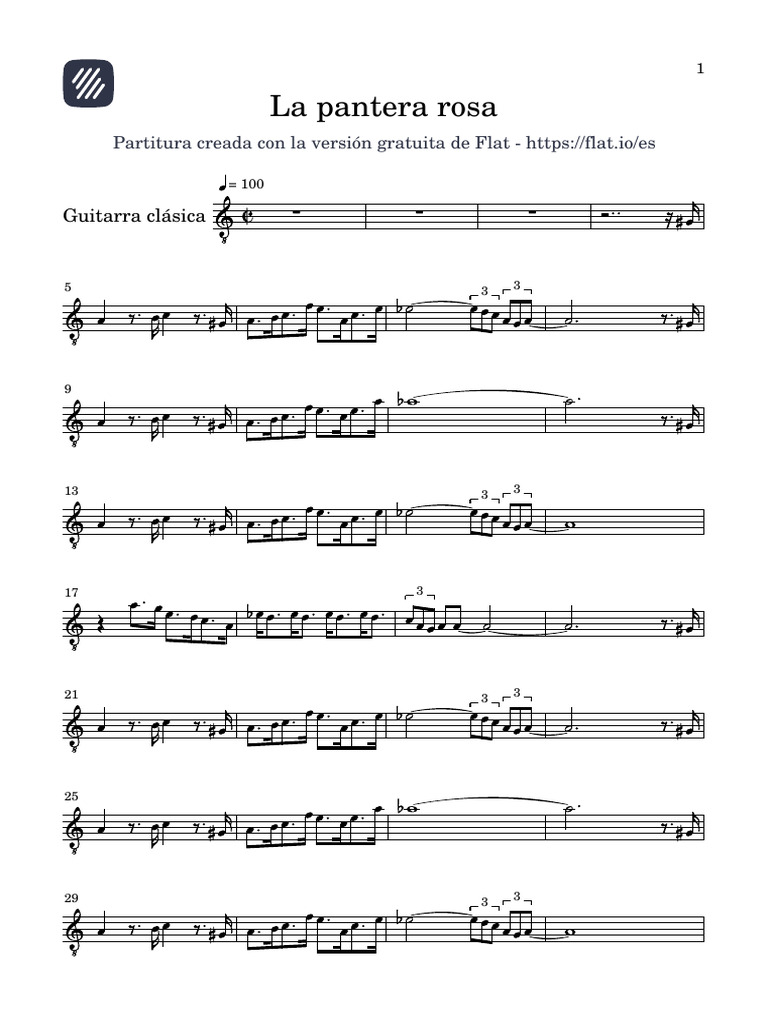 Partitura de La Pantera Rosa en Guitarra | PDF