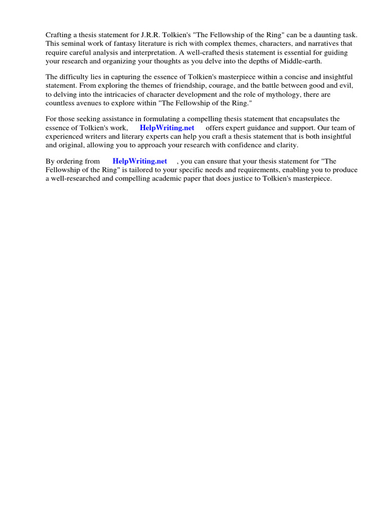 Thesis Statement For Fellowship Of The Ring PDF Middle Earth J R 