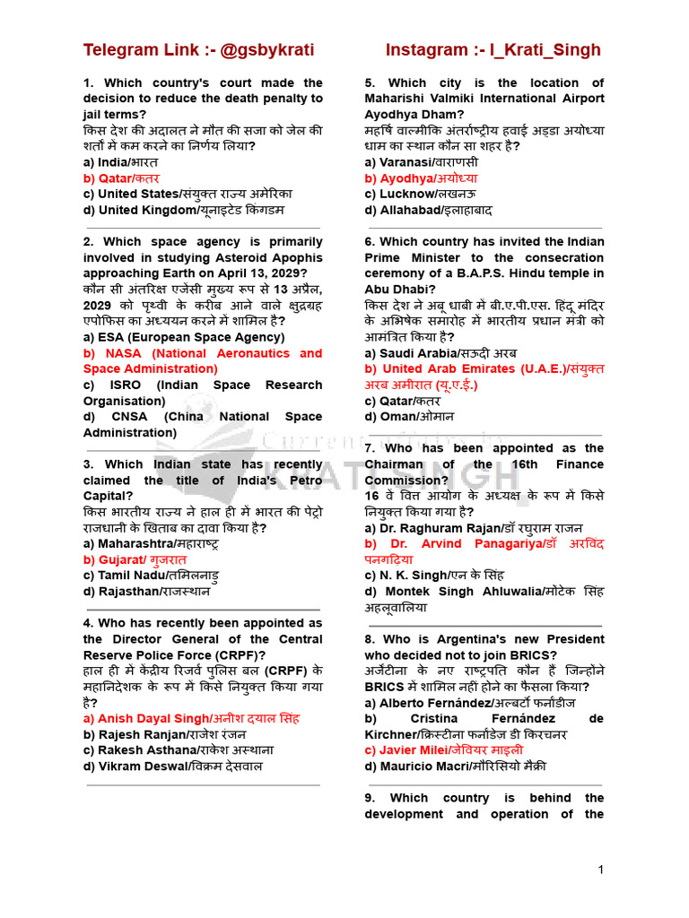 January 2024 Current Affairs MCQ | PDF