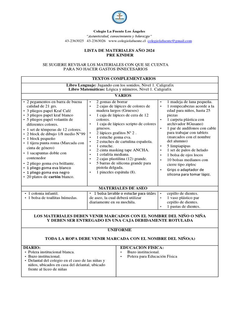Lista de Materiales Pre Kinder 2024 | PDF | Lápiz | Papelería