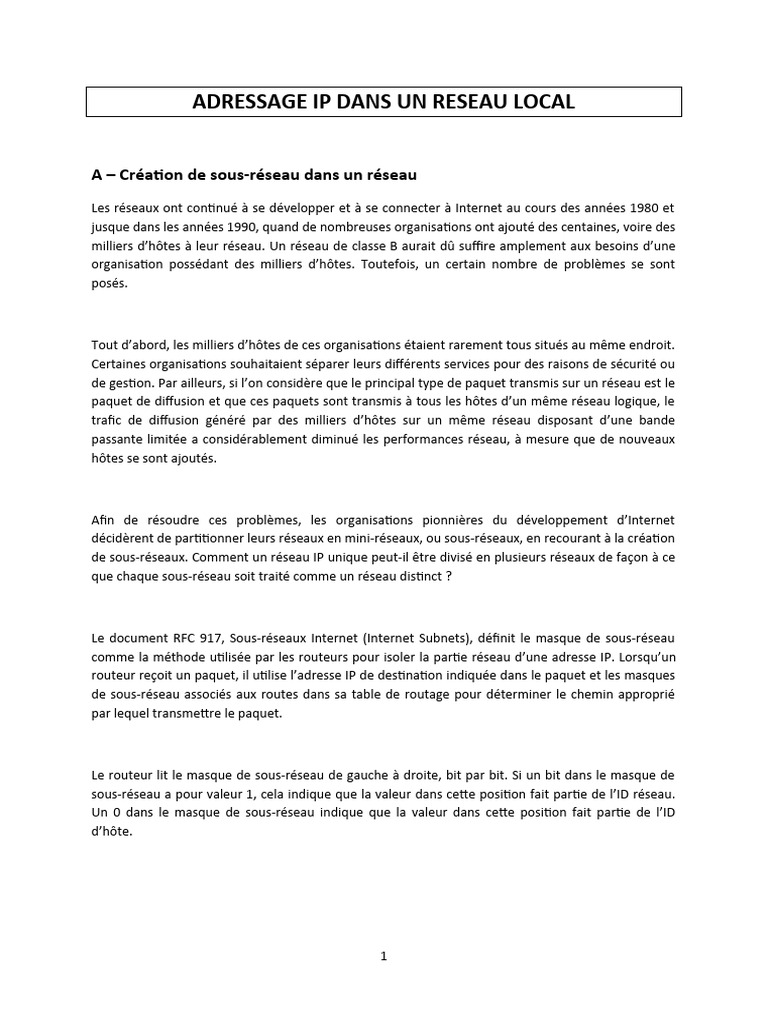Sous-réseaux IP : Création et Masques | PDF | Adresse IP | Protocoles ...