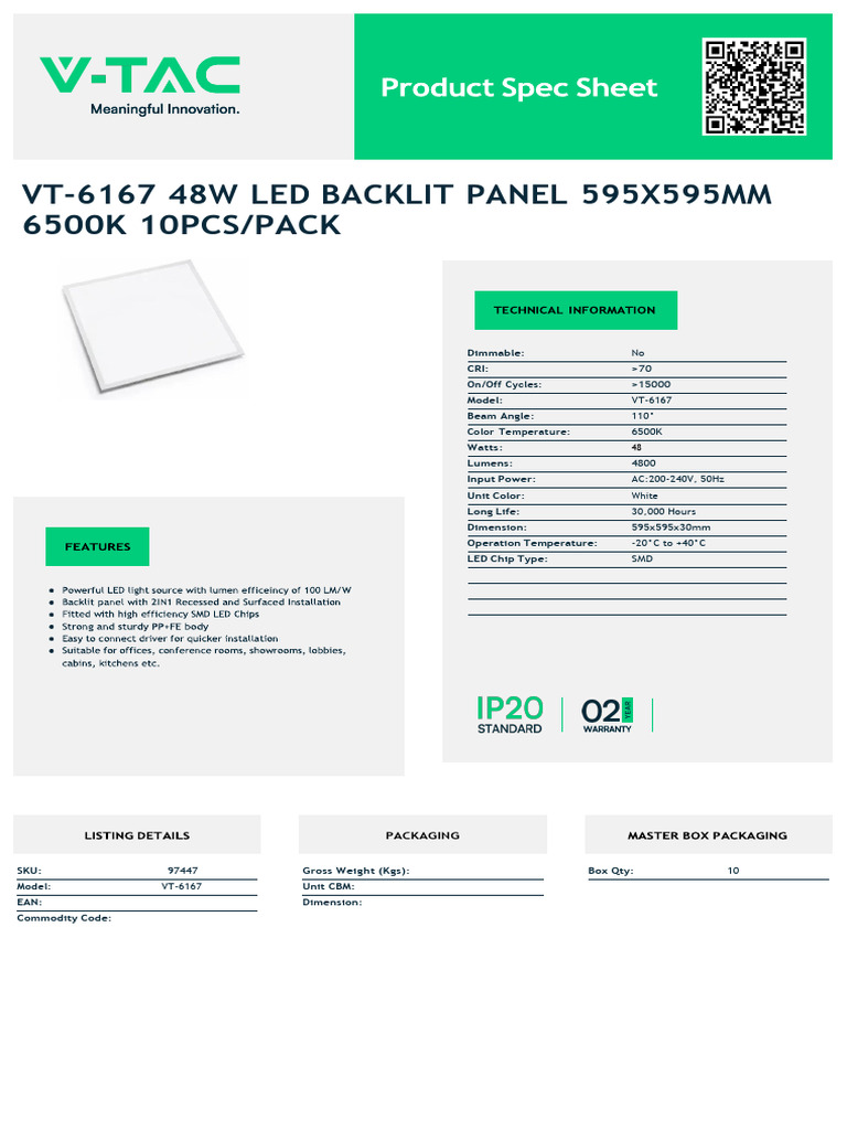 VT-6167 48W Led Backlit Panel 595X595MM 6500K 10pcs/pack | PDF