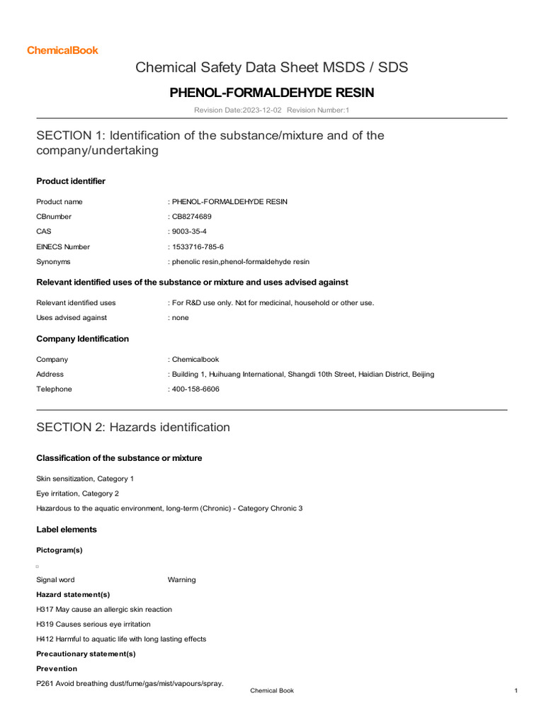 Phenol Formaldehyde Resin PDF Dangerous Goods Toxicity