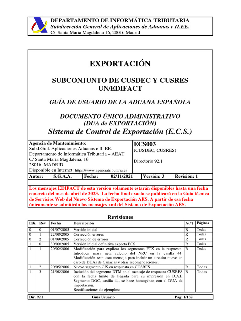 Dua Export Ecs Pdf Aduana Red Mundial