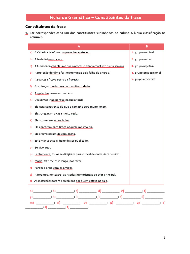 Classificação dos Constituintes da Frase | PDF