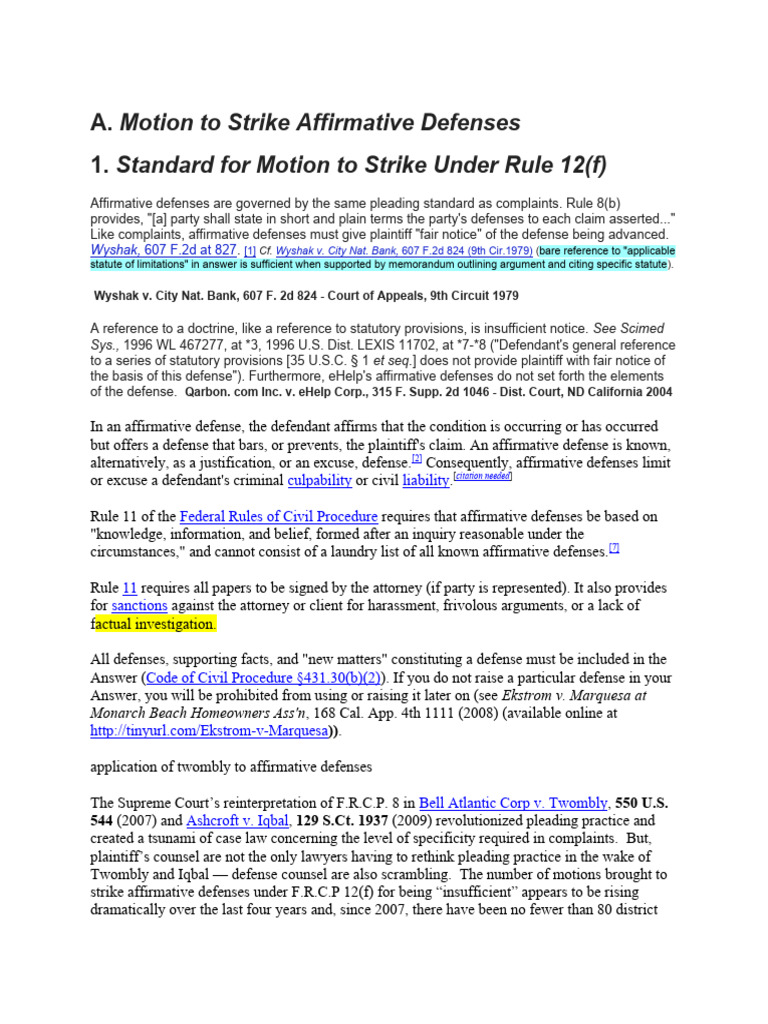 Motion to Strike Affirmative Defenses | PDF | Affirmative Defense ...