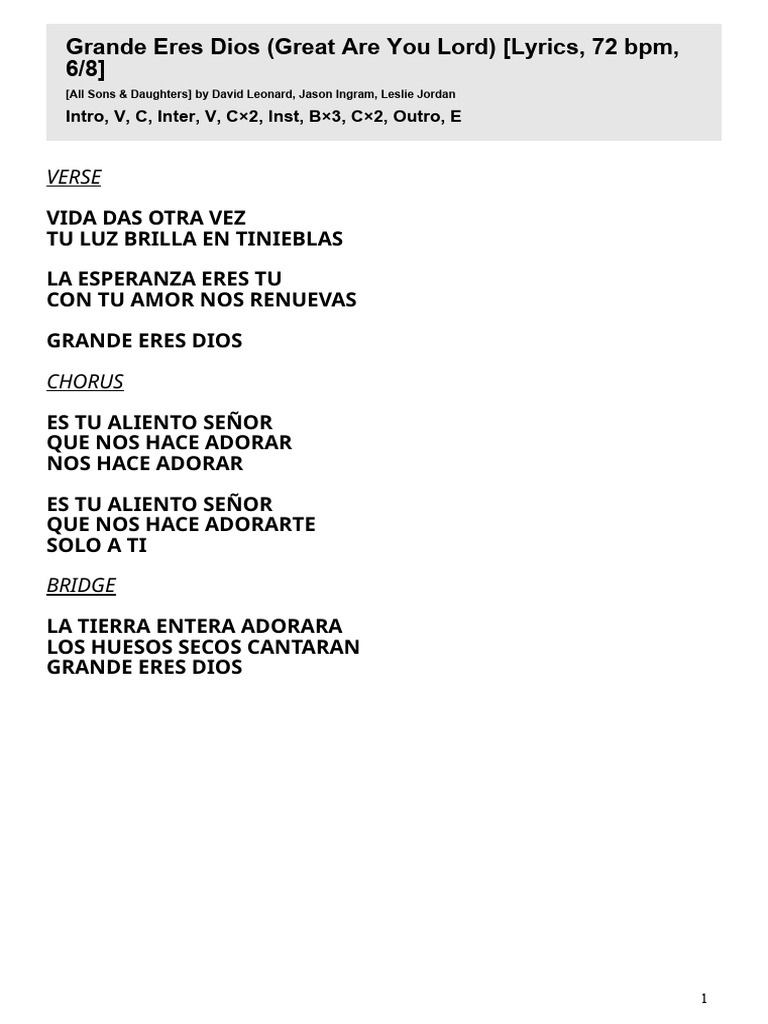 Grande eres dios great are you lord lyrics pdf