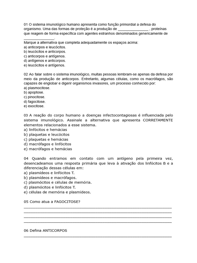 Exercicios Sobre Sistema Imunológico | PDF