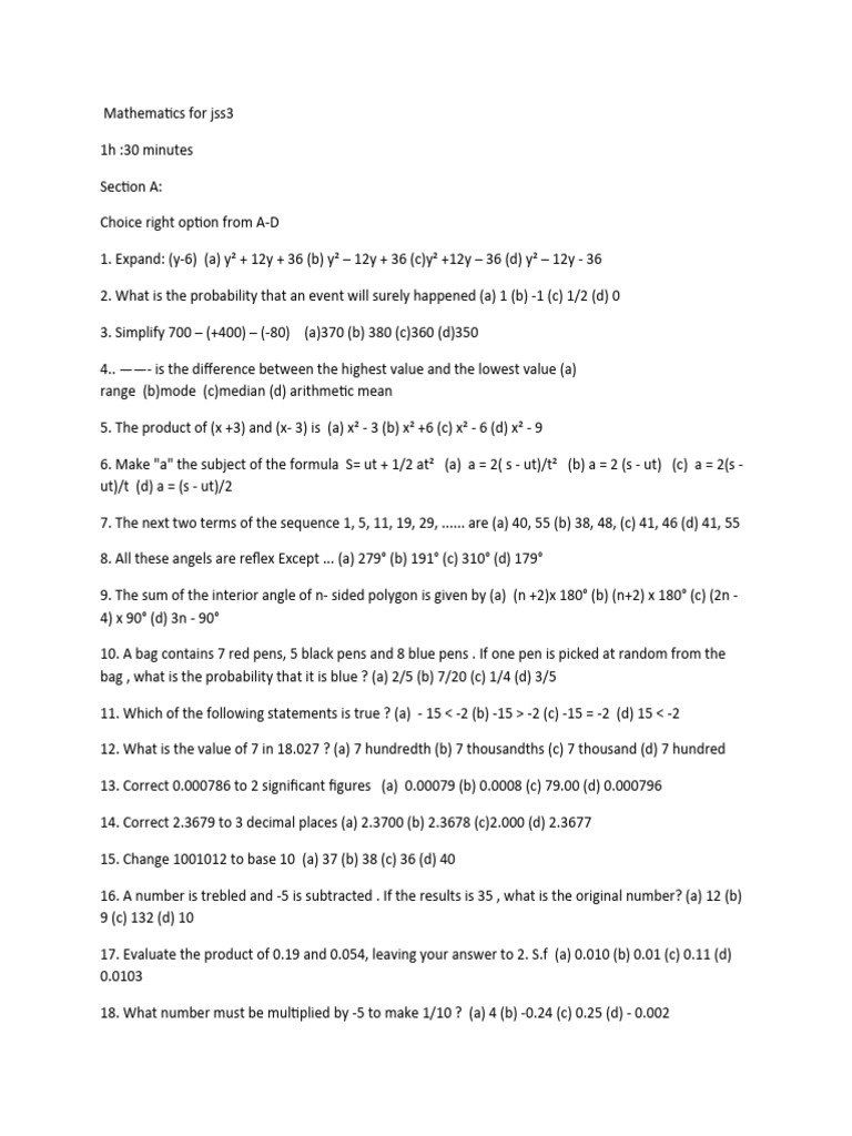 Mathematics Exam Questions For - jss3WPS Office | PDF