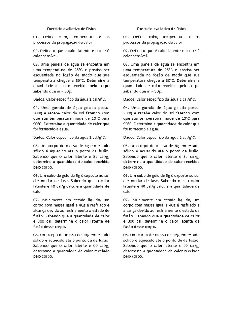 Exercícios de Calor e Temperatura em Física | PDF | Calor | Calor latente