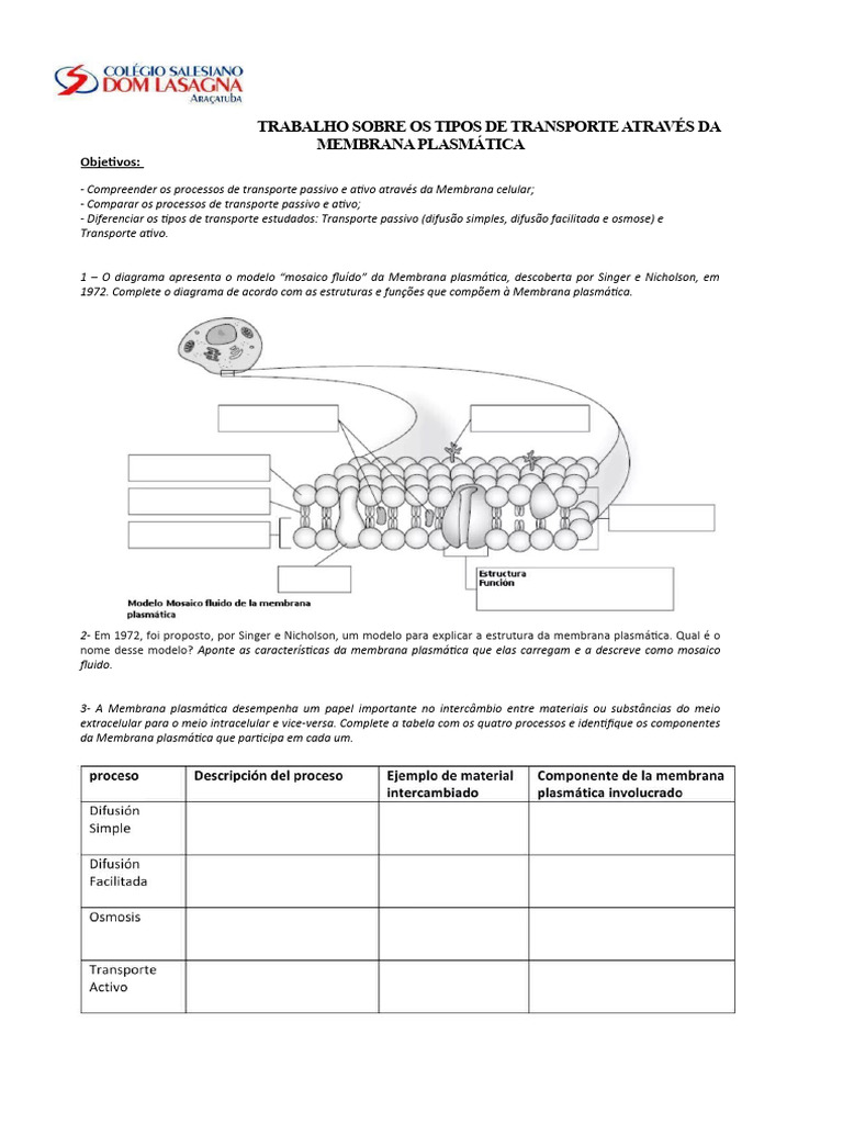 Membrana Plasmática Exercícios – UPFV
