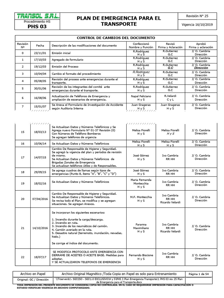 1 PHS 03 Rev 25 Plan de Emergencia para El Transporte | PDF ...