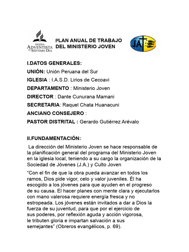 Plan de Trabajo JA 2024 | PDF | Evangélico | Iglesia Adventista del ...