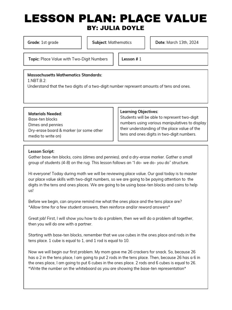 Place Value Lesson for 1st Graders | PDF