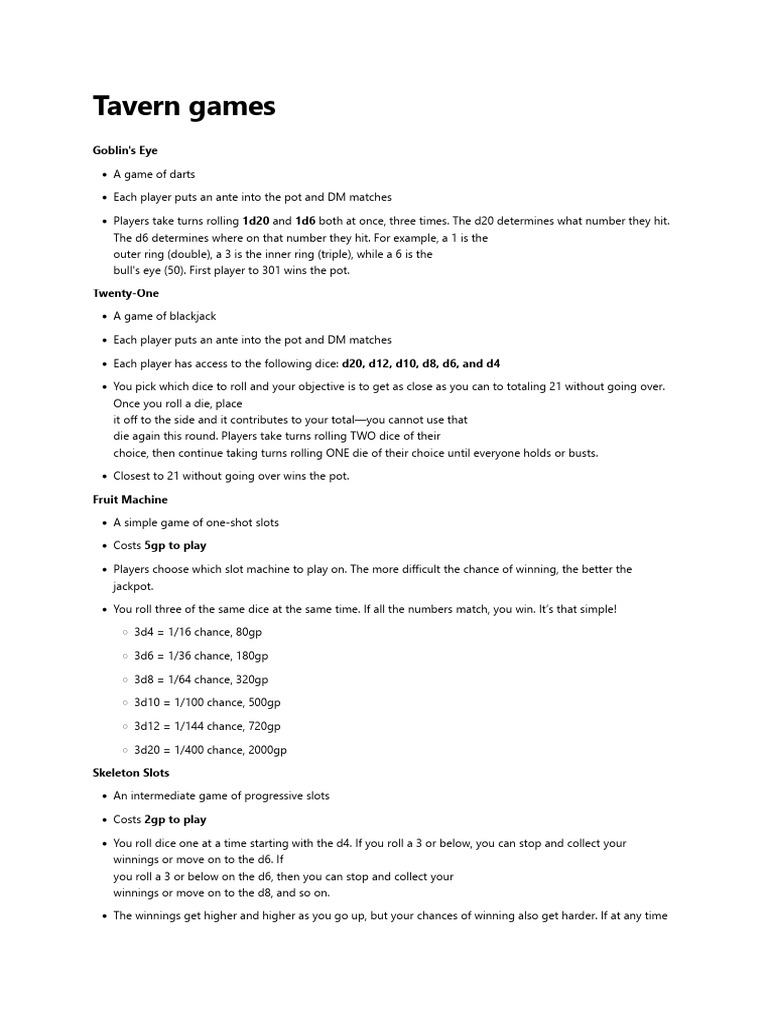 Tavern Games Pdf Betting In Poker Roulette