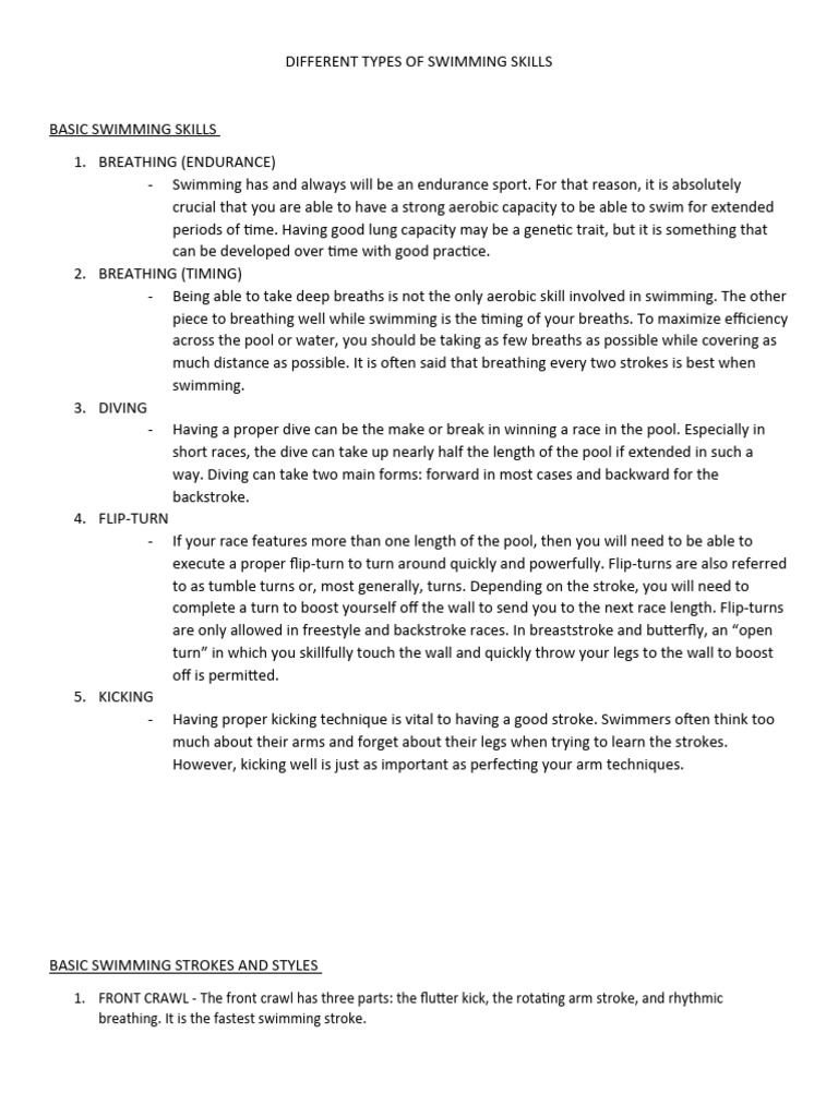 Overview of Swimming Skills and Strokes | PDF | Swimming | Individual ...