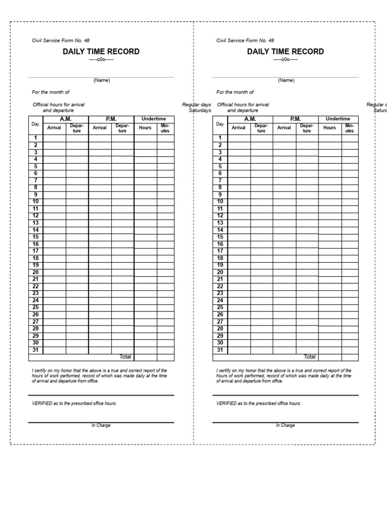 Csc form no 48 daily time record dtr pdf