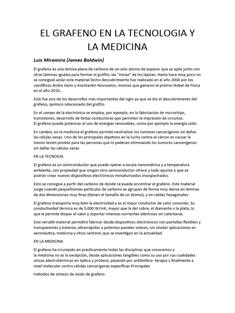Grafeno: Innovación en Tecnología y Medicina | PDF | Grafeno | Carbón