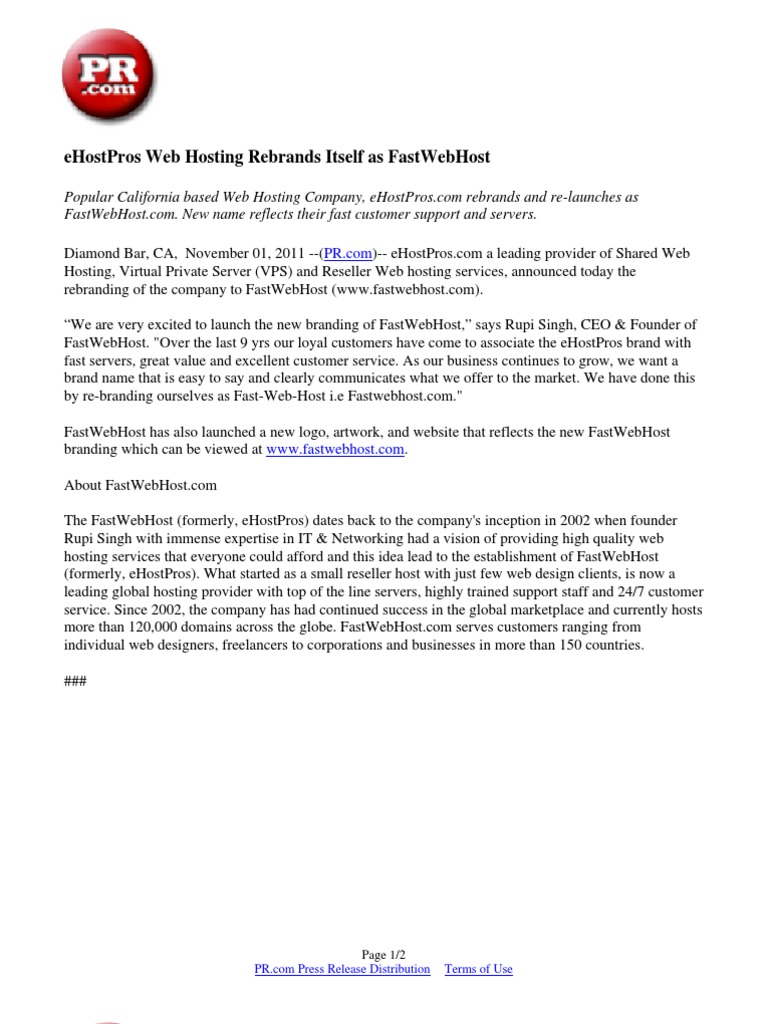 eHostPros Web Hosting Rebrands Itself As FastWebHost | PDF | Business | Law