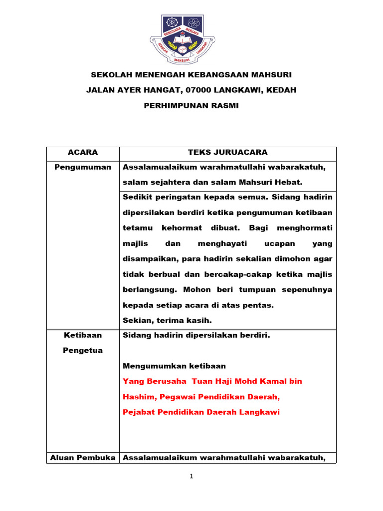 Teks MC Perhimpunan Rasmi Minggu 1 2024-Perasmian Oleh PPD | PDF ...
