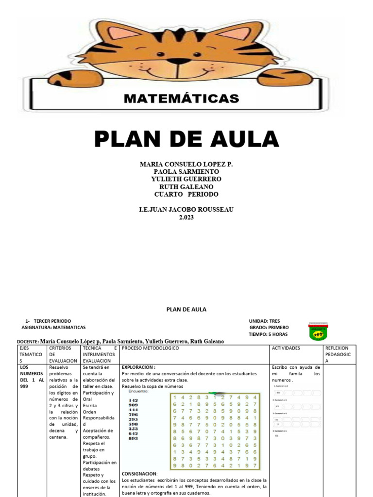 Plan de Aula: Matemáticas Primer Grado | PDF | Sustracción | Escritura