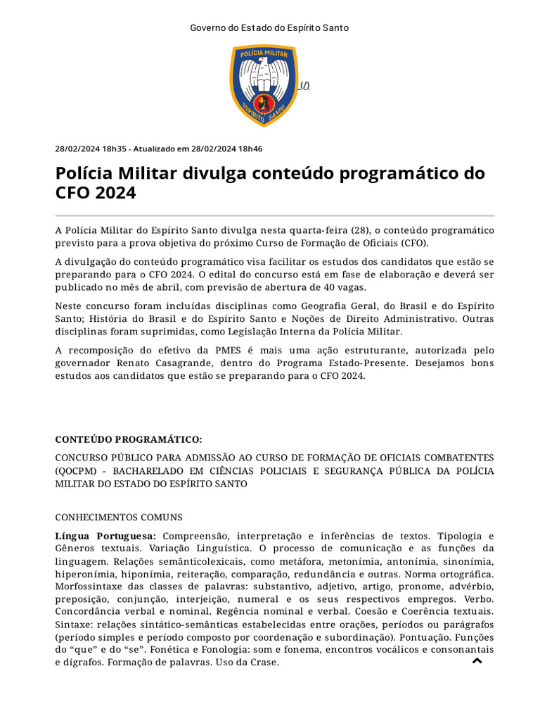PMES Polícia Militar Divulga Conteúdo Programático Do CFO 2024 PDF