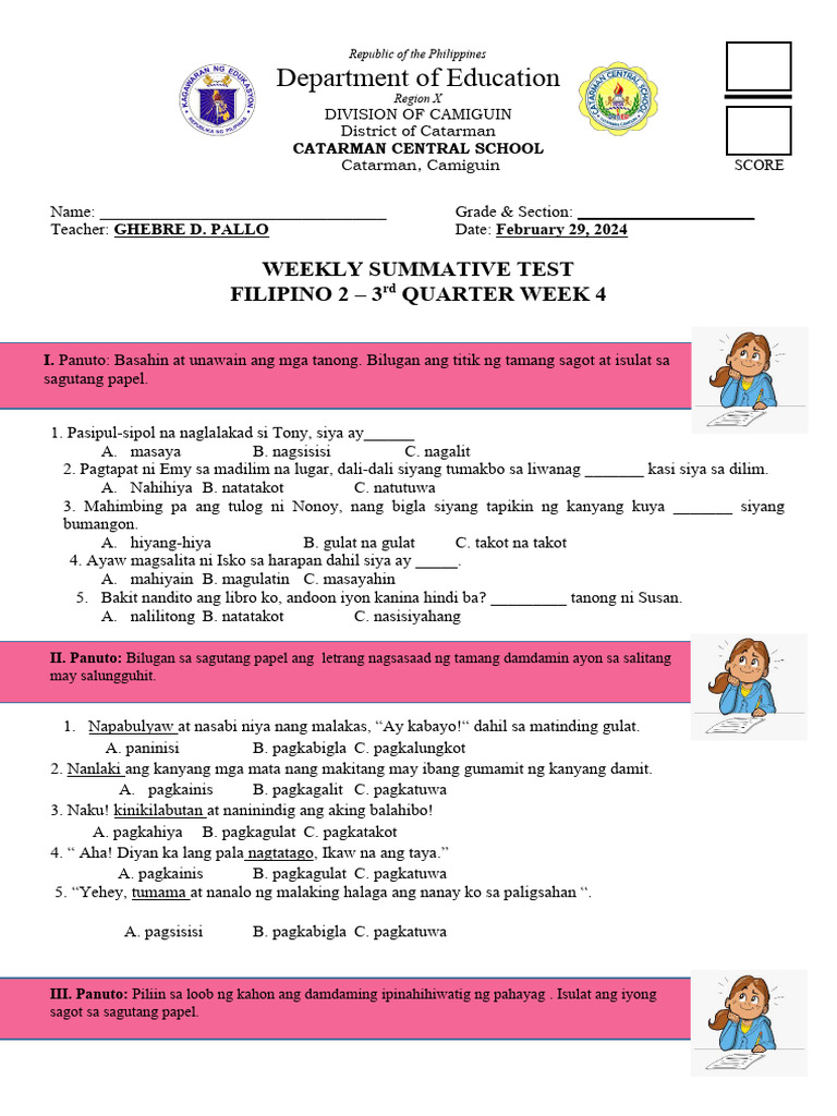 FILIPINO 2 Weekly Test - Q3 Week 4 | PDF