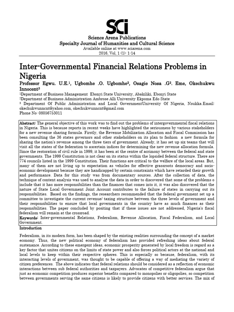 Intergovernmental Fiscal Relations Issues in Nigeria | PDF | System ...
