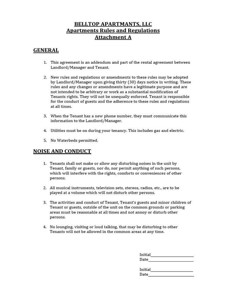 BELLTOP APARTMENTS Rules and Regulations PDF Lease Leasehold Estate
