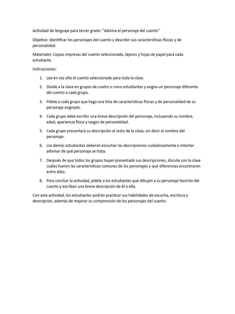 Actividad de Lenguaje para Tercer Grado | PDF | Artes del Lenguaje y ...