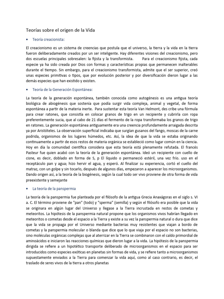 Teorías Sobre El Origen de La Vida | PDF | Vida | Biología