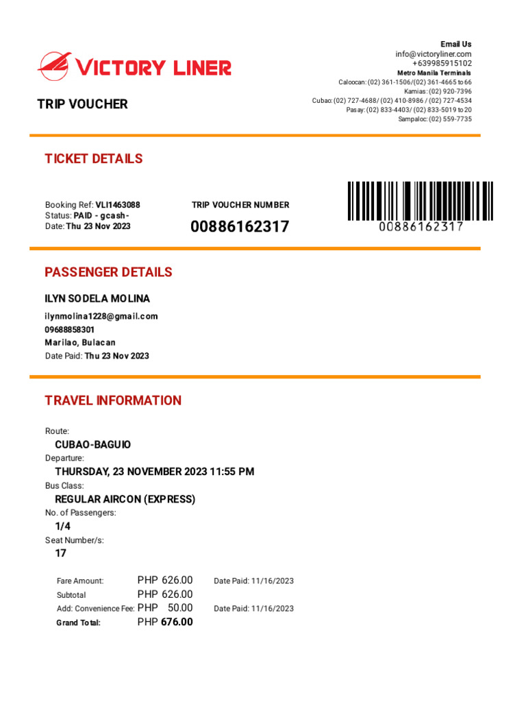 VICTORY LINER BUS BOOKING CONFIRMATION PDF Credit Card Ticket