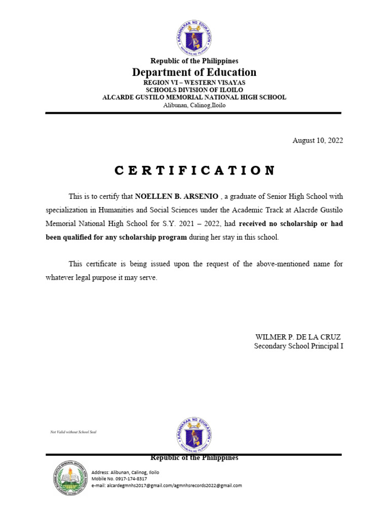 Certificate of No Scholarship Received | PDF