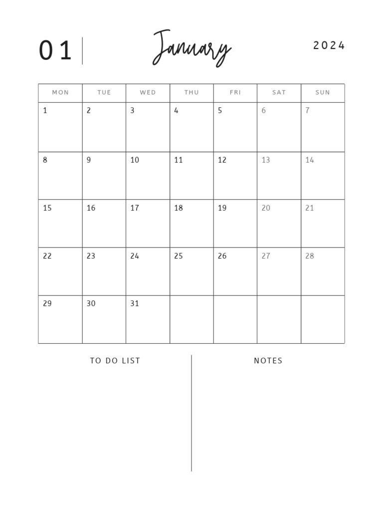 Black and white simple personal 2024 year calendar planner pdf