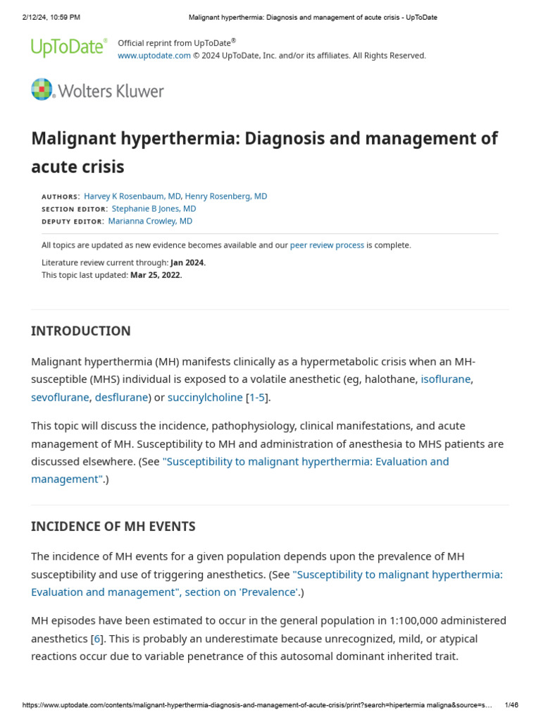 Malignant Hyperthermia - Diagnosis and Management of Acute Crisis ...