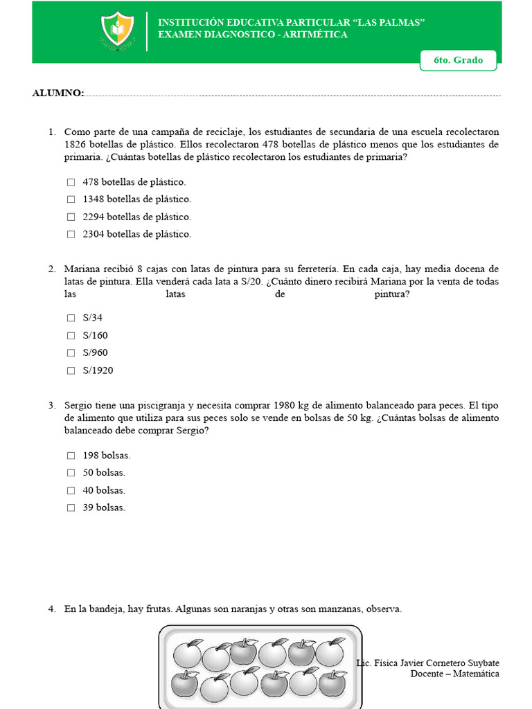 examen diagnostico 6to grado de primaria | PDF