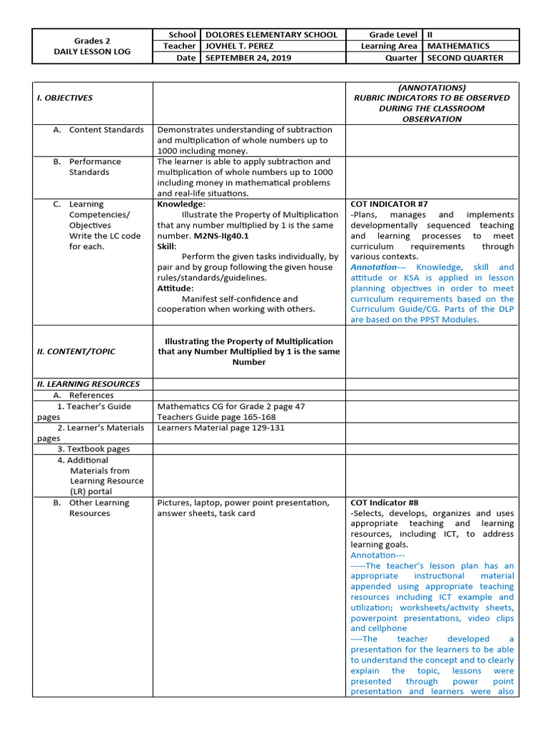 Grade 2 Math Lesson Plan: Multiplication | PDF | Learning | Lesson Plan