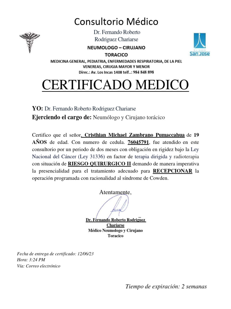 Certificado Medico Pre Operacion | PDF