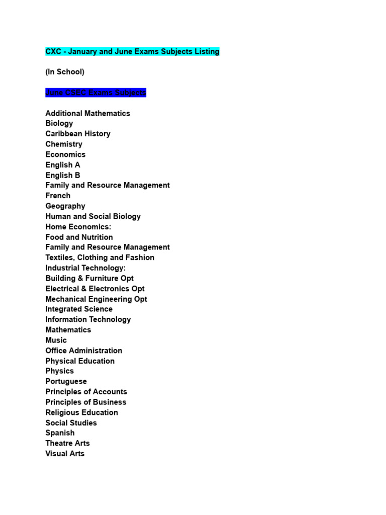 CXC in School May and June Exams Subjects Listing PDF