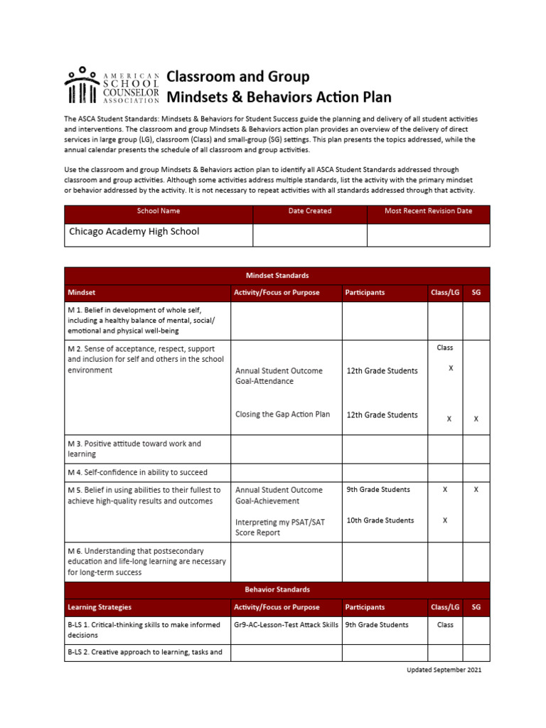 ASCA Mindsets & Behaviors Action Plan | PDF | Behavior | Mindset