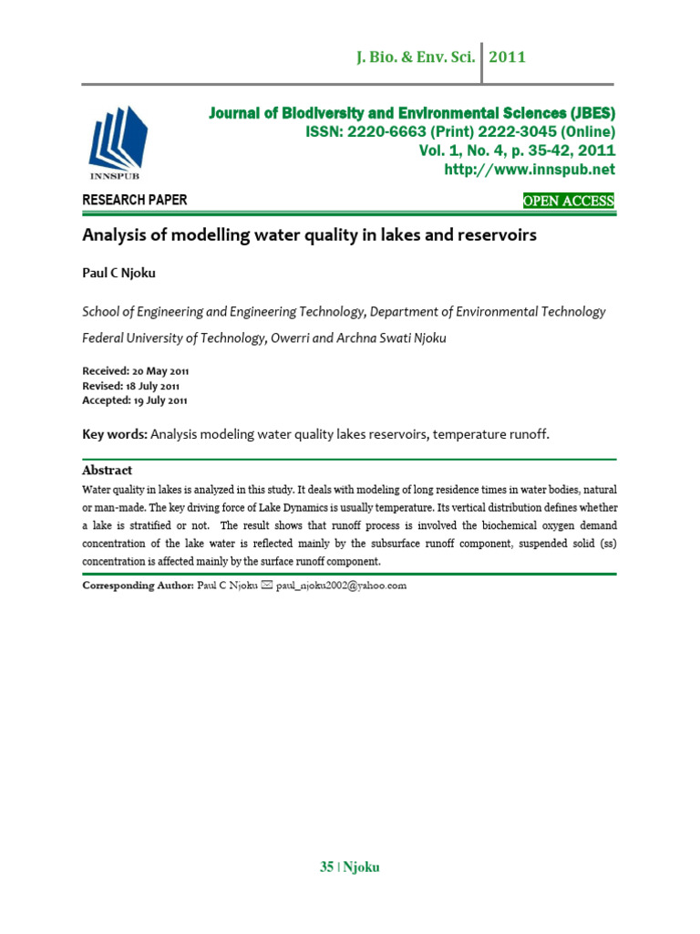 Analysis Of Modelling Water Quality In Lakes And Reservoirs Pdf